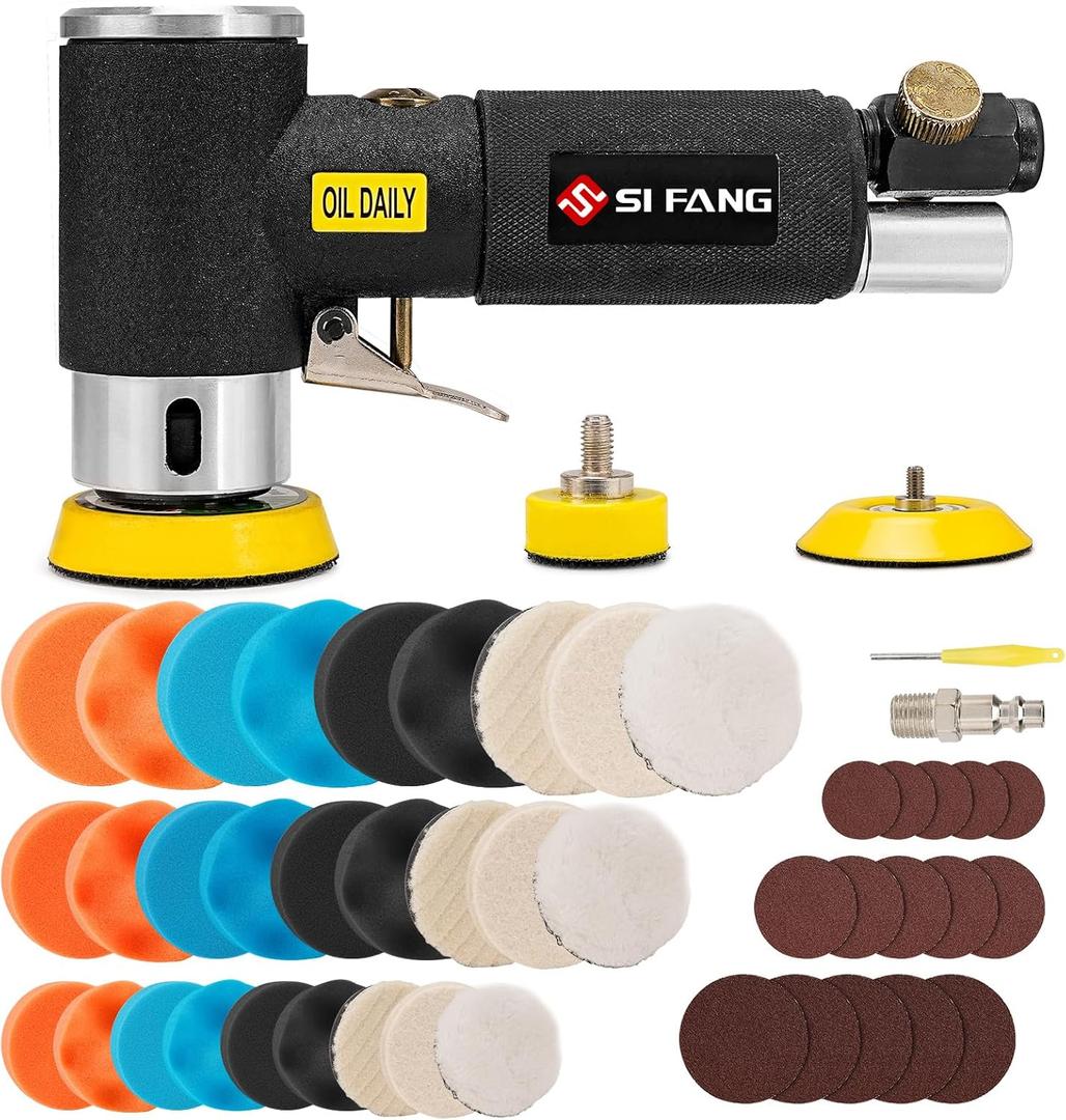 SI FANG 1'' 2'' 3'' Mini Random Orbital Air Sander Kit, High Speed Pneumatic DA Sanders Polisher for Auto Body Work, Includes 27Pcs 1/2/3in Polishing Sponge & Wool Pads, 15Pcs Sandpapers (Black)