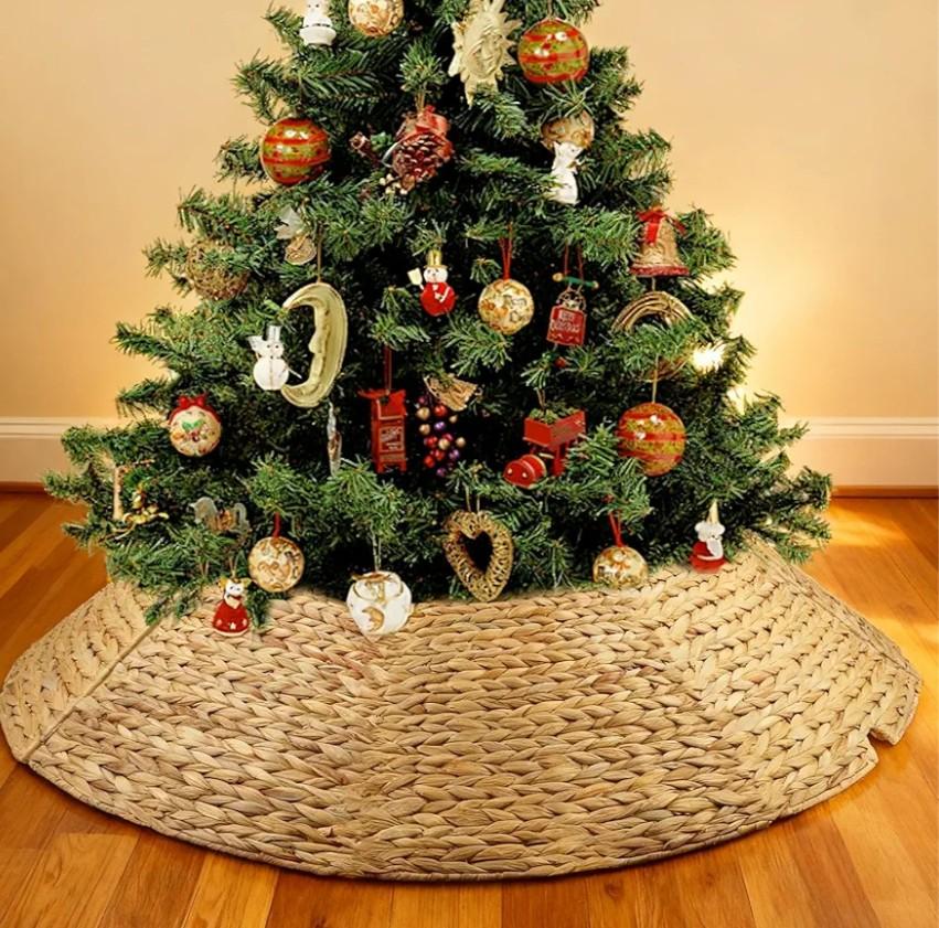 42" Christmas Tree Collar, Hand Woven Hyacinth Christmas Tree Base - 8 Piece Rustic Farmhouse Style Tree Skirt Replacements for Artificial Trees, Fits Below 41" Tree Stand, Natural Hyacinth