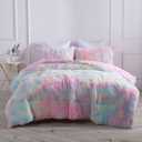 Wajade Faux Fur Plush Rainbow Comforter Set Fluffy Fuzzy Shaggy Bedding Set - 3PC Full/Queen Microfiber Soft Warm Quilt Set