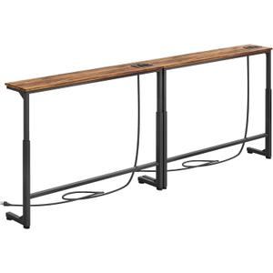 Kitstorack 2-Pack Narrow Console Table with Adjustable Height (25"-33") & 2 Power Outlets, Skinny Behind Couch Table, 78.8" Long x 5.9" Wide Sofa Side Table for Living Room, Rustic Brown, 5.99"deep