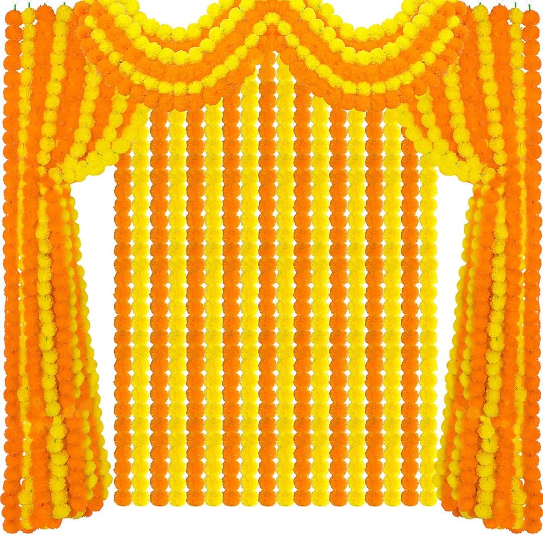 Tigeen 24 Pcs 5 ft Long Strands Faux Artificial Marigold Flowers Garland for Wedding Party Mantle Decoration Faux Garlands Wedding Garland Diwali Decoration for Home Christmas (Orange,Yellow)