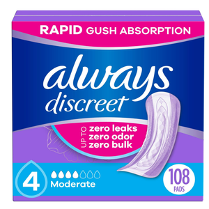 Always Discreet Adult Incontinence Pads for Women, Moderate Absorbency, Regular Length, Postpartum Pads, 108 CT (Packaging May Vary)