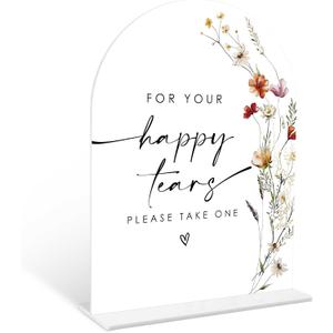 Boho Floral Happy Tears Tissue Sign, 6 x 8 Inch White Arch Acrylic Wedding Sign with Holder, Wedding Sign for Ceremony and Reception, Wedding Decoration, Wedding Supplies - BX25