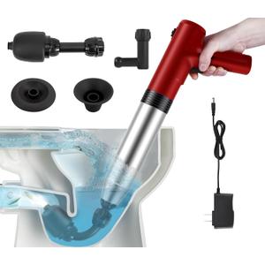 Electric Toilet Plunger High Pressure Electric Air Drain Blaster Gun with Visual BarometerAir Power Plunger for Bathroom,Kitchen Bathtub Toilet Floor Drain Clogged Pipe (Red)