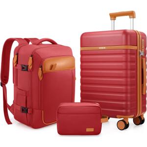 Luggage Sets 3 Piece, Carry On Luggage 20 Inch With Spinner Wheels,PC Hardside Suitcase Set with TSA Lock,Durable Carry On Suitcase With Travel Backpack for Men (Red)