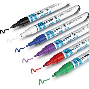 Schneider Paint-It 310 Acrylic Marker Set, 2 mm Round Tip, High Coverage, Brilliant Colors, For Most Surfaces, 6 Pieces