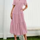 BTFBM Summer Dresses for Women 2025 Vacation V Neck Loose Short Sleeve A Line Tiered Flowy Casual Midi Beach Dress (Pink, S)