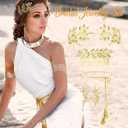 FINREZIO Greek Goddess Costume Accessories Jewelry Set For Women Leaf Arm Cuff Goddess Crown Headband Pearl Dangle Earring Hair Pin Belt Chain Adjustable ankle gold ribbon Bridal Wedding Halloween