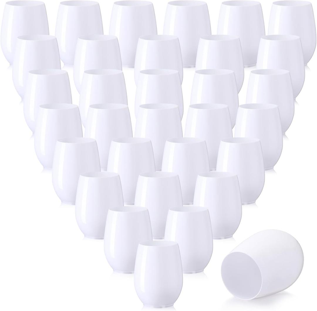 Layhit 32 Pcs White Stemless Wine Glasses Plastic Reusable Unbreakable Whiskey Champagne Drinking Glasses Cups for Wedding Anniversary Mother's Day Birthday Party(10 Oz)
