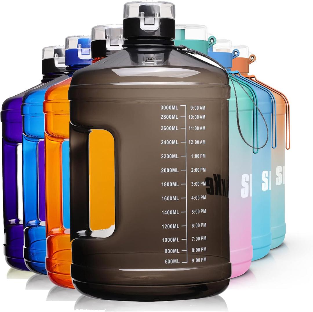 Gallon Big Water Bottle with Handle, 128oz Leakproof BPA Free Fitness Sports Water Bottle with Motivational Time Marker & Wide Mouth Ensure You Drink More Water (BLACK)