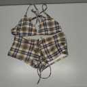 RoseSeek Women's 2 Piece Gingham Checkered Bikini Set with Shorts Plaid Halter Boyshorts Swimsuits (Beige, S)