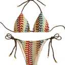 ZAFUL 2 Piece Triangle Bikini for Women Knitted Rope Halter Bikini Sets Sexy Bathing Suit Side Tie Swimsuits Beachwear (Large, 4-bronze)