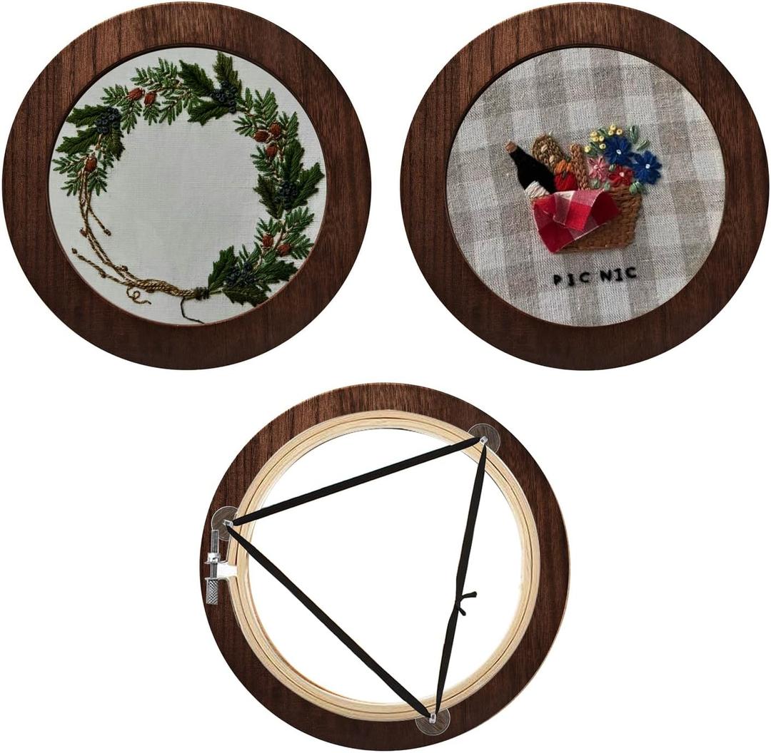 3 Sets Solid Wood Embroidery Frames with Bamboo Hoops, 6 Inch Round Embroidery Display Frame Set for Finished Cross Stitch and DIY Art Craft Sewing Ornaments