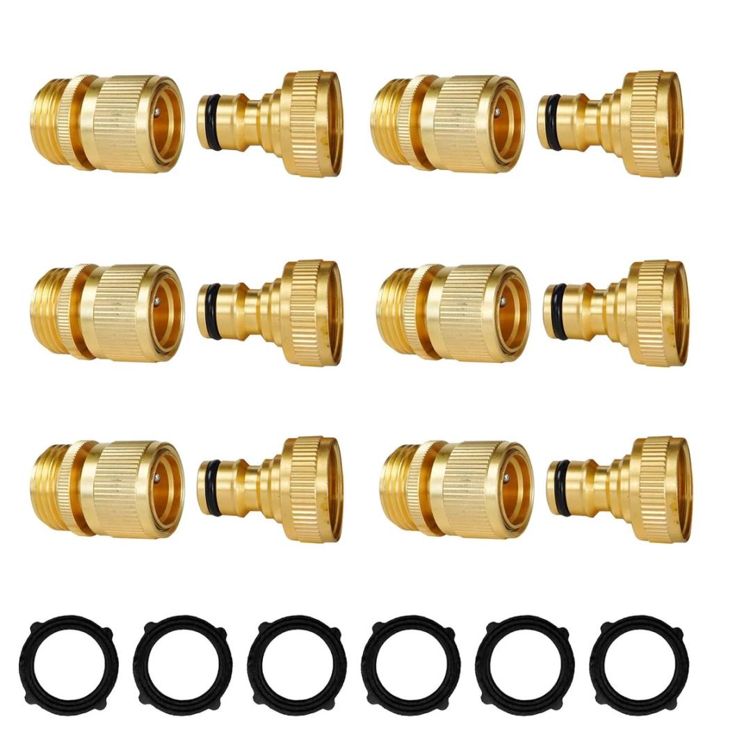 Garden Hose Quick Connect, 6 Set Solid Brass 3/4 Inch GHT Thread Garden Hose Quick Connect Fittings, No-Leak Male and Female Water Hose Quick Release Connectors