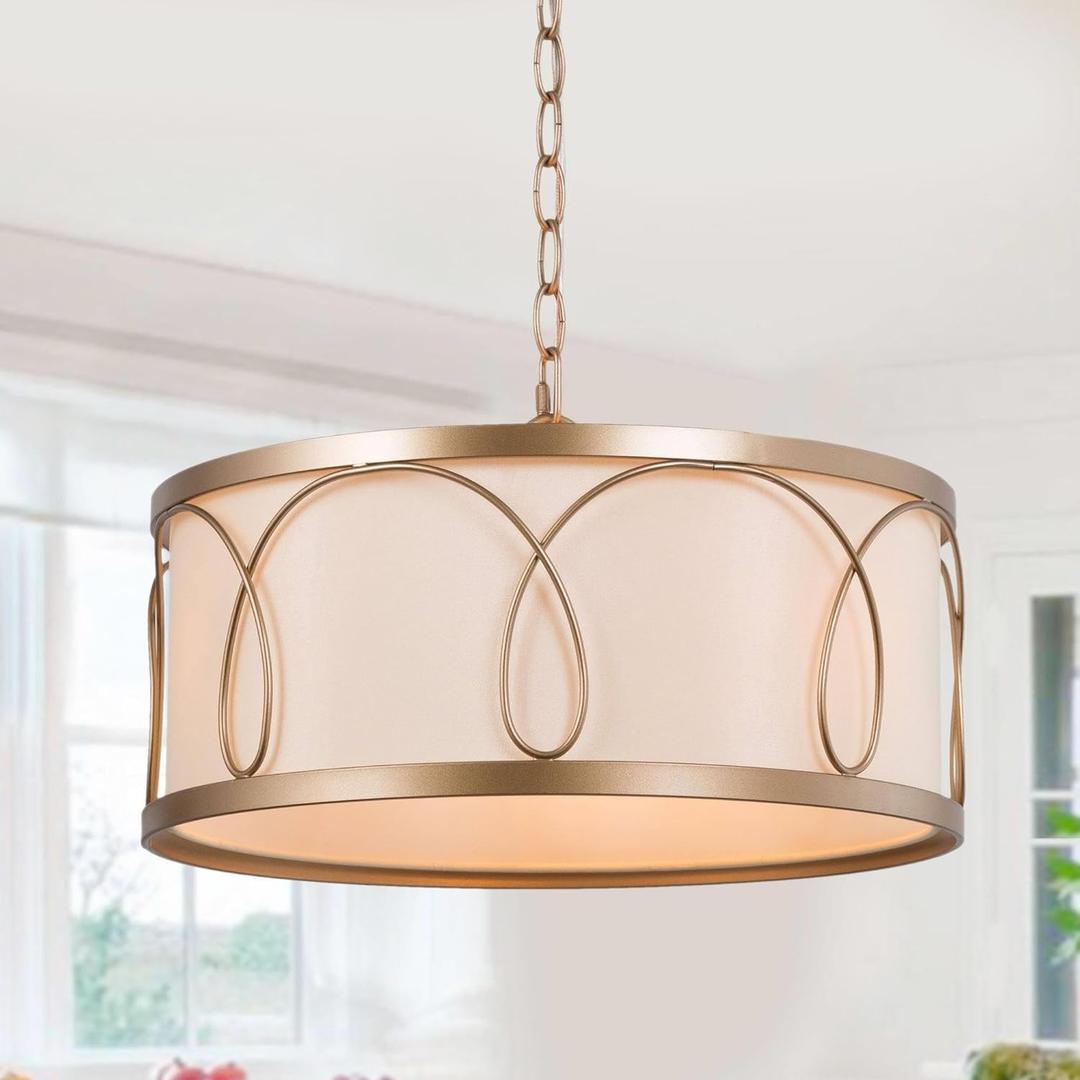 Gold Drum Chandelier Light Fixture, 3-Light Modern Hanging Pendant Lighting with White Fabric Shade for Dining Room, Kitchen, Bedroom, Living Room and Foyer
