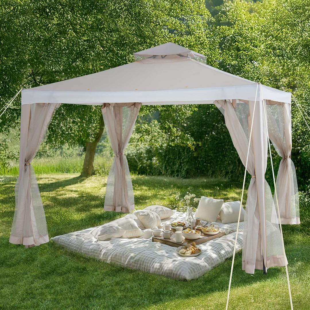 Sunjoy 10 x 10 ft. Soft Top Gazebo, Outdoor Patio Backyard Modern 2-Tier Steel Frame Gazebo with Mesh Netting - Beige & White