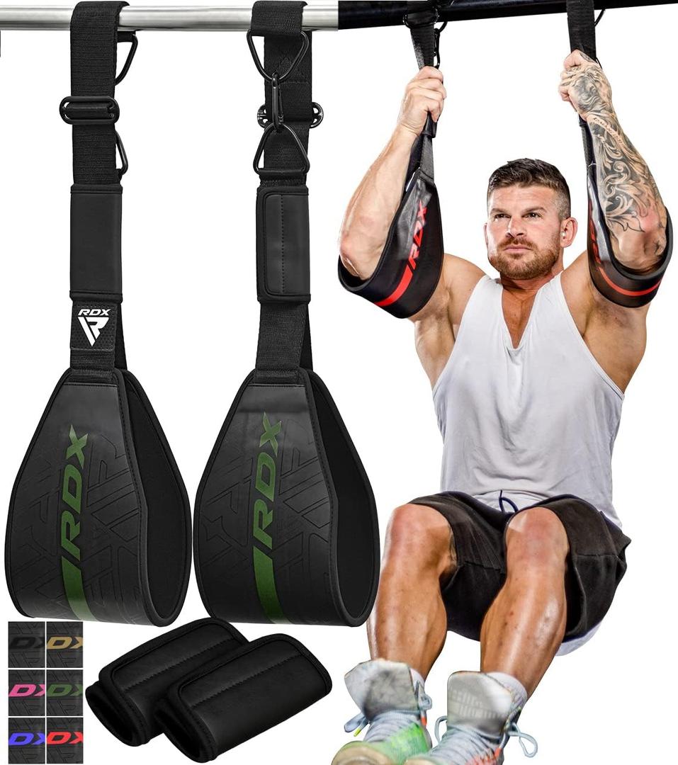 RDX AB Straps for Pull Up Bar Hanging (Pair), Maya Hide Leather, Abdominal Muscle Building Padded Arm Support Slings with D-Ring Strap, Leg Raise Exercise Fitness Workout Strength Training, Men Women (Black Green)