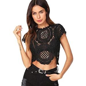WDIRARA Women's See Through Mesh Lace Crop Top Crochet Short Sleeve Embroidered Tops L WDIRARA Women's See Through Mesh Lace Crop Top Crochet Short Sleeve Embroidered Tops L