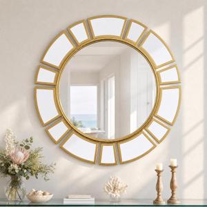 CozyDH Gold Sunburst Mirror Decor - 24 inch Round Wall Mirror Decorative with Metal Frame Modern Bohemian Sun Art Decor Mirror for Entryway Bedroom Living Room Hallway Bathroom Dining Room Fireplace