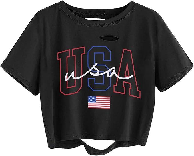 American Flag Crop Tops Women USA Crop Shirt Patriotic 4th of July Tee USA Shirts for Women  Large