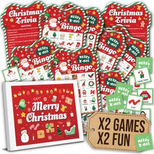 WOODAMORE Christmas Bingo Game for Large Group - 25 Christmas Bingo Cards for Adults, Fun Christmas Games for Family Party, Christmas Party Games, Xmas Holiday Bingo Christmas Trivia Games Cards Set (Red)