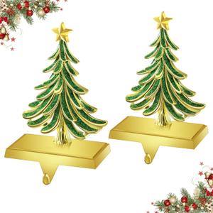 Loncaster Set of 2 Christmas Stocking Holders for Mantle, Glitter Green Xmas Tree Weighted Stocking Holder for Mantle, Non-Slip Xmas Hangers for Fireplace Christmas Party Decorations Gifts(Gold Tree)