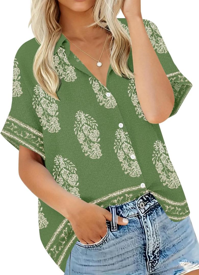 Summer Tops for Women Striped Button Down Shirts Collar Guaze Shirt Trendy Vacation Work Linen Blouse (M)