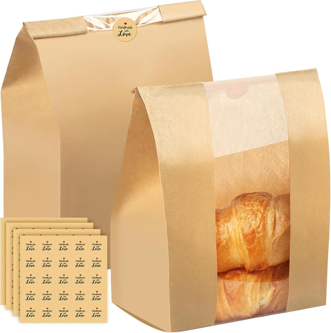 TWOWYHI 100PCS Paper Bread Bags for Homemade Breads 16105 inch Sourdough Bread Bags with 100 Stickers Kraft Paper Breads Bag with Clear Window for Cookie Bakery Bag