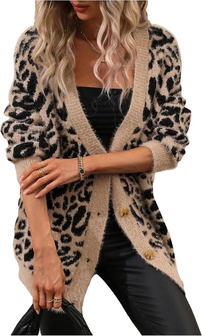 SOLY HUX Women's Leopard Print Cardigan Sweaters Button Down V Neck Long Sleeve Fuzzy Cardigans (Large)