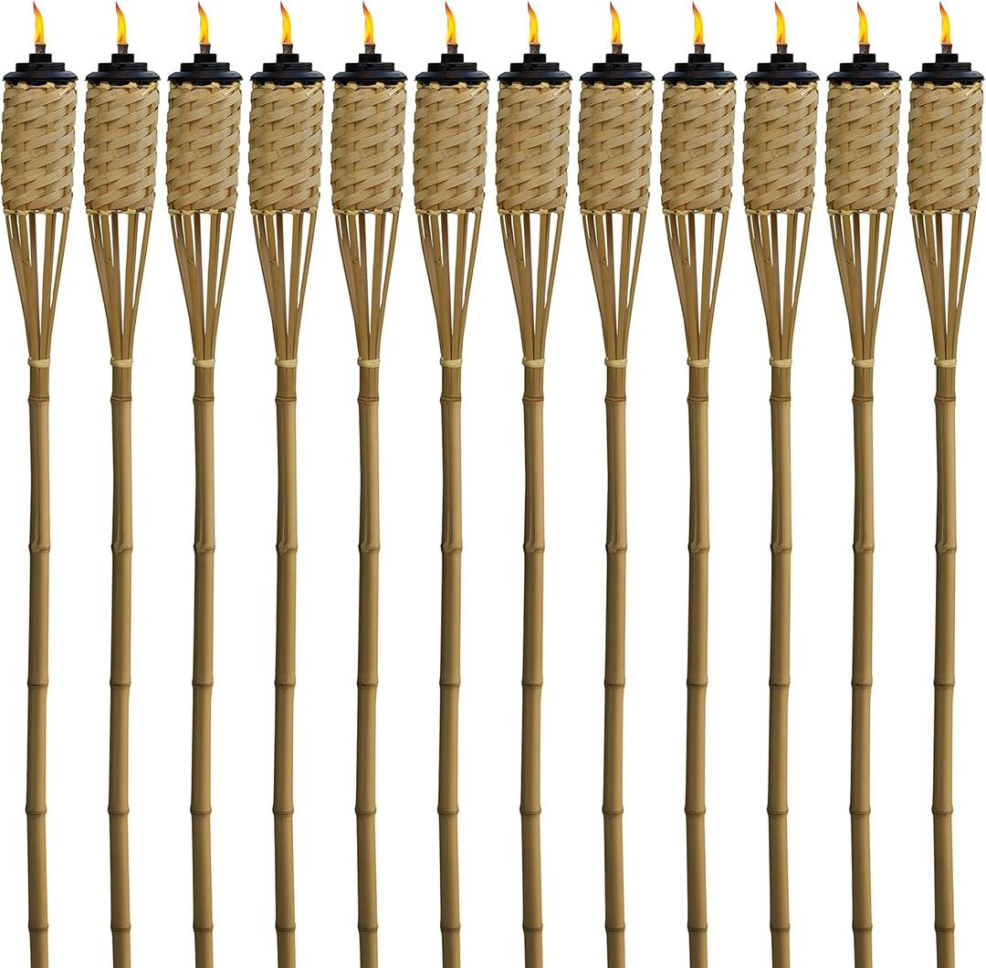 TIKI Bamboo Tiki Torches 12-Pack Weather-Resistant Outdoor Dcor with Easy-Pour Wide-Mouth Canister Refill for Patio, Garden, Backyard, and Parties, 57-Inch Citronella Torches