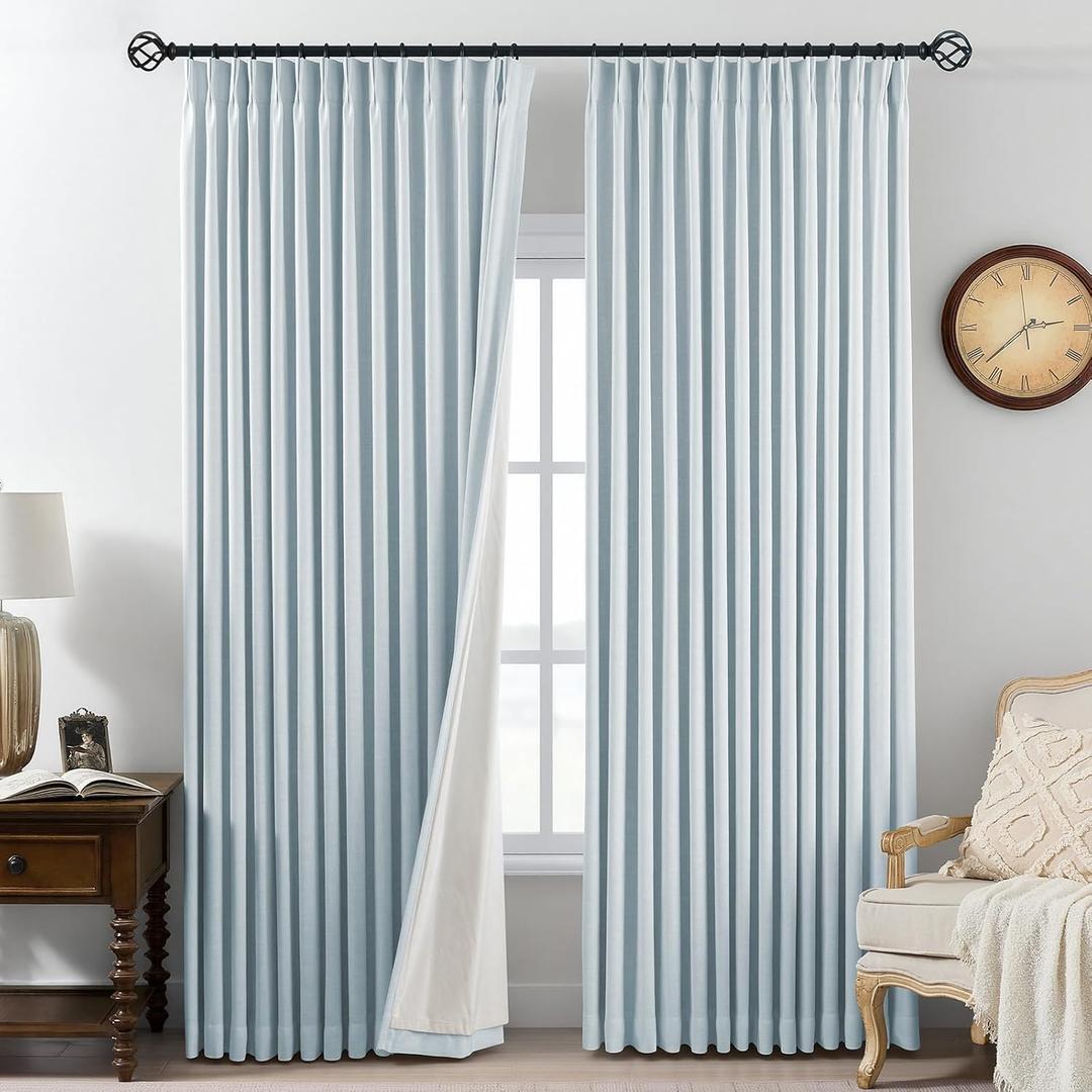 AUSSPVOCT Pinch Pleated Curtains 100% Blackout Linen Curtains 95 Inches Long for Bedroom Living Room, Blue Memory Trained Thermal Insulated Room Darkening Window Drapes with Hooks 2 Panels 40" Wx95 L
