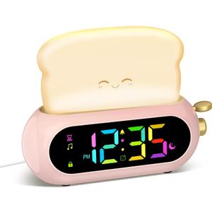 Netzu Alarm Clock for Kids, OK to Wake Clock with Night Light and Sound Machine, Pink Clock with 10 RGB Color, 6 Alarm Tones, Nap Timer, Snooze, Bedside Clocks for Girls Kids Teens Birthday Gifts