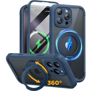 Miracase for iPhone 16 Pro Max Case with 360 Magnetic Ring Stand [Compatible with Magsafe] Full-Body Drop Proof Bumper Phone Case with Built-in 9H Tempered Glass Screen Protector,Blue