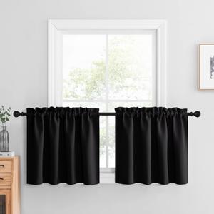 NICETOWN Thermal Insulated Blackout Window Valances for Nursery - Energy Efficient Home Decor Rod Pocket Curtain Panels for Bedroom Halloween Decor, Set of 2, 42W x 24L inches, Black