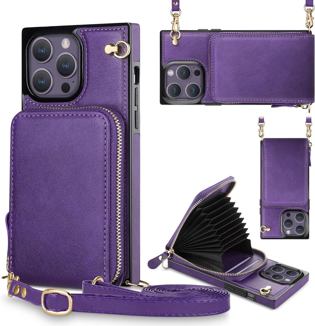 JAKPAK for iPhone 14 Pro Max Case Leather Wallet Case[6.7-Inch] - 3-in-1 Crossbody Bag with Card Holder, Military-Grade Protection & Detachable Strap Compatible with iPhone 14 Pro MaxPurple (Purple)