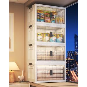 OlarHike 76QT Lockable Storage Bins with Lids - Folding Storage Box with Doors and Wheels, Collapsible Plastic Storage Bins for Closets, Office, Stackable Organizer, Containers, 4 Pack Cubes