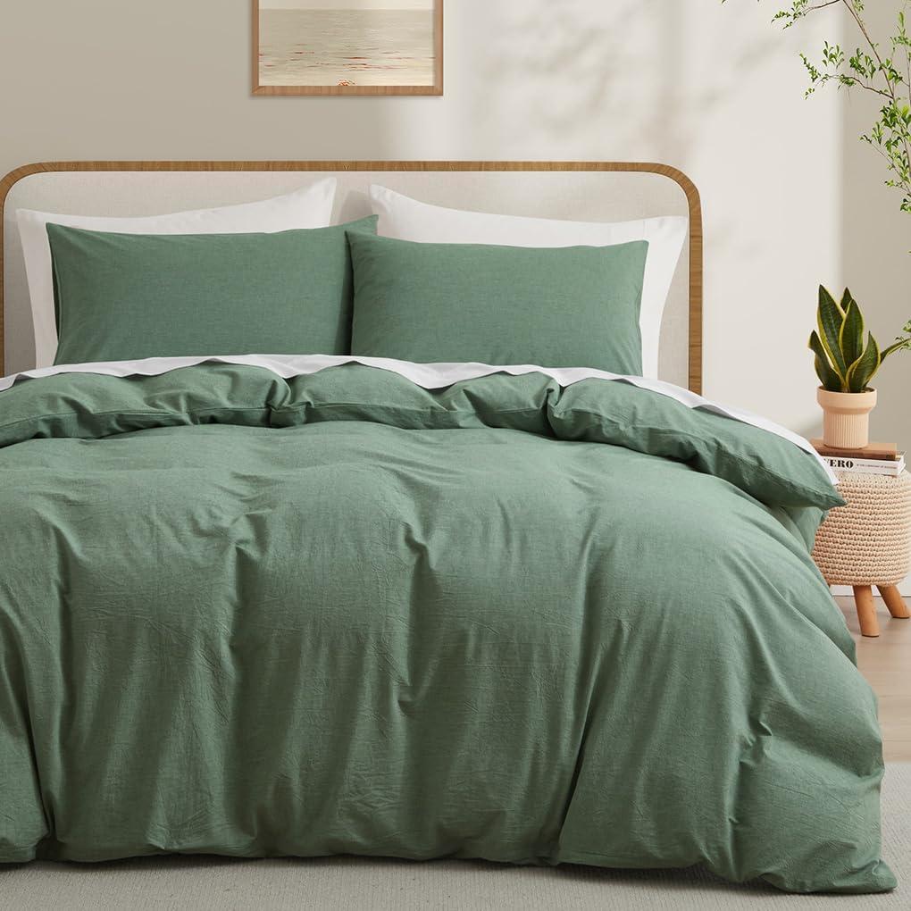 LOVQUE 100% Washed Cotton Duvet Cover King Size, Mint Green Fade-Resistant Natural Bedding Set (No Comforter), 104x90 Inches