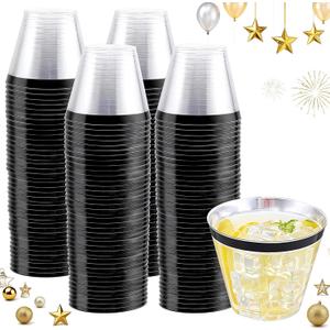 WELLIFE 120 PCS Black Plastic Cups,Disposable Cocktail Glasses,Plastic Wine Glasses Disposable,9 oz Clear Cups for Party and New Year