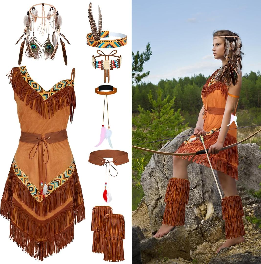 Toulite 7 Pcs Halloween Native Costume Indian Costume Maiden Women Costume American Dress Outfit for Women (X-Large)
