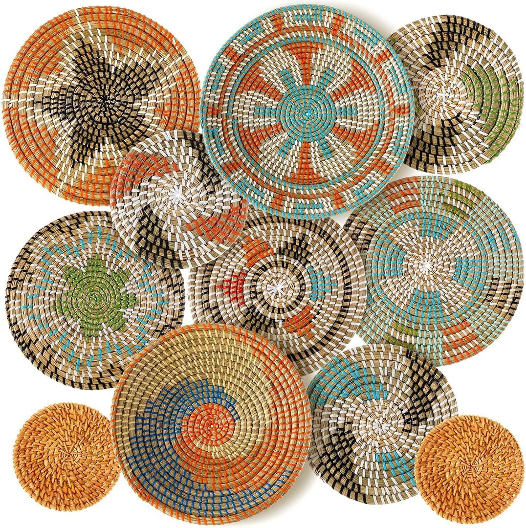 Tauto 8 Pcs Boho Wall Basket Decor Decorative Bulrush Woven Basket Wall Decor Art Round Farmhouse Hanging Baskets for Kitchen Rustic Home Summer Decorations, Multi Sizes(Farmhouse) 