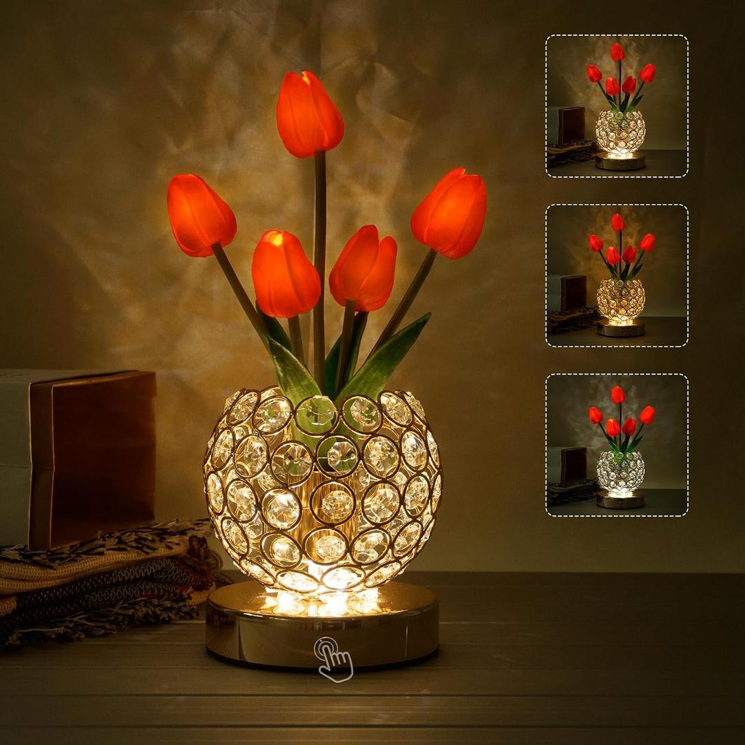 Tulip Crystal Flower Lamp Touch Lamp,Rechargeable Cordless Table Lamp, 3-Colour Infinitely Dimming Battery Powered Small Night Light,Gift for Mom for Valentine Day,Mothers Day,Xmas,Birthday (Red)
