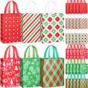 Sweetude 60 Pcs Reusable Christmas Tote Bags Bulk 12.6 x 9.8 x 4.3 Inch Red Green White Stripes Polka Dots Gift Bags with Handles Non Woven Snowflakes Xmas New Year's Shopping Holiday Party Supplies