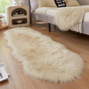 AMTOVO Faux Sheepskin Rug, Beige Ultra Soft Fluffy Shag Area Rug, 22"×46" Faux Fur Rug for Bedroom Sofa Throw Cushion Room Decor, Sheepskin