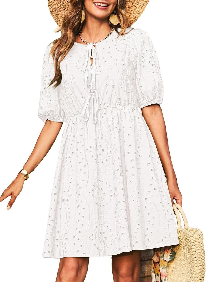 Dokotoo Summer Dresses for Women 2026 Tie Front V Neck Short Puff Sleeve Hollow Out Lace Wedding Guest Dress (White, L)