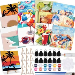 MotiMind 12 Sets Framed Paint by Number Kit for Adults with 12 Wooden Easels, 12 Disposable Apron, 12 Pigment 12 Brush, 12 Palette, DIY Acrylic Paint by Number Kits for Party(Summer)