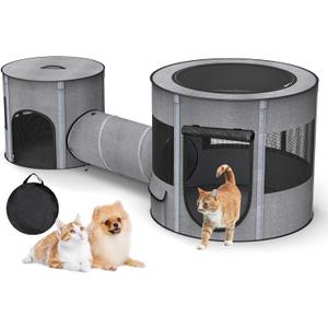 Portable Cat Playpen with Tunnel, 3 in 1 Foldable Puppy Play Pen, Waterproof Bottom, Enclosed 2-Room Separable Pet Tent for Indoor/Outdoor, Multi-Purpose Enclosure Crate Cage for Kitten Dog Rabbit