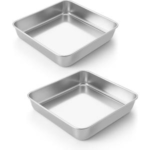 LIANYU 2 Pack 8 x 8 Inch Square Cake Pan, Stainless Steel Baking Lasagna Brownie Bread Pan, Square Bakeware for Birthday Party Wedding, Oven & Dishwasher Safe