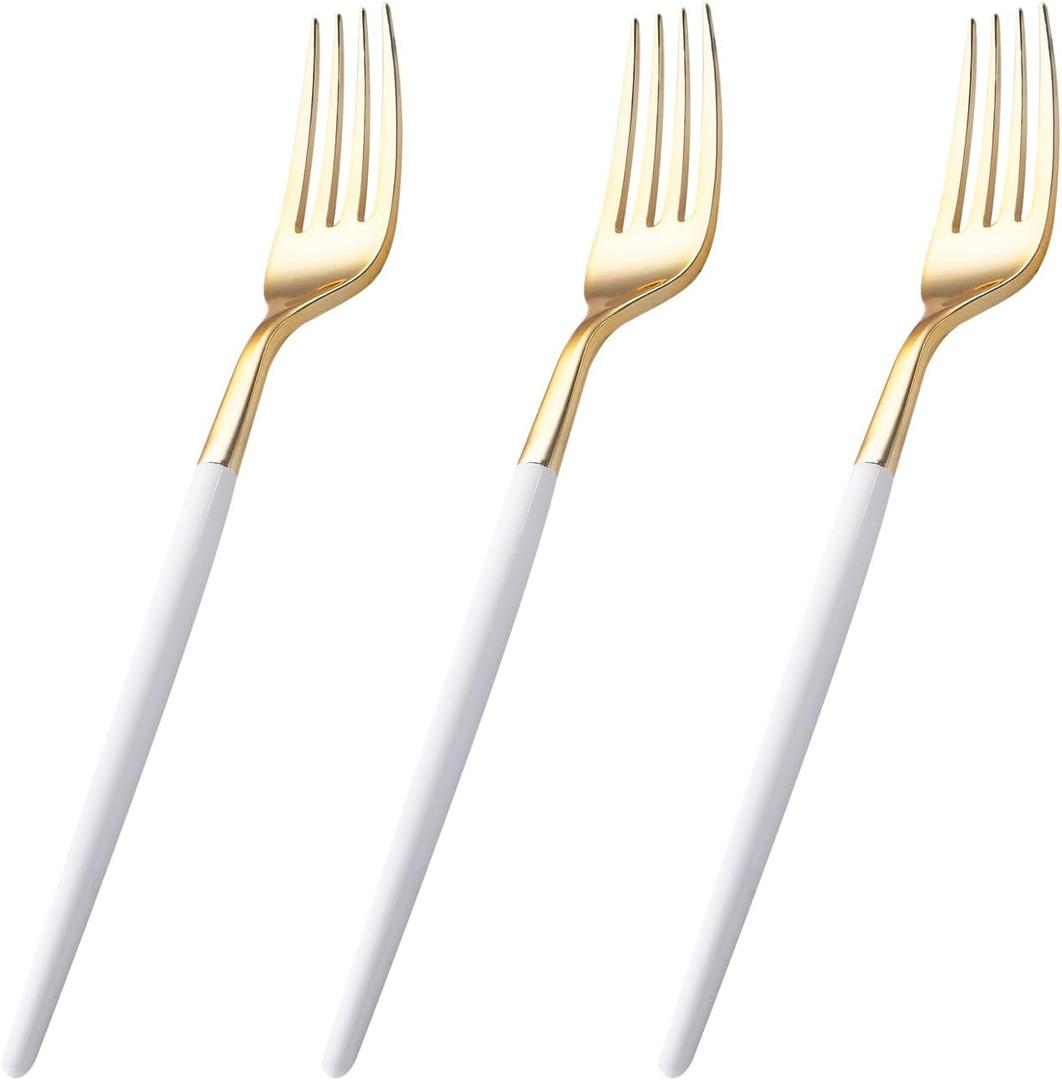 I00000 144 Plastic Forks, Disposable Flatware with White Handle, Look Like Gold Cutlery for Party Wedding