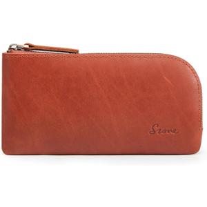 S-ZONE Top Grain Leather Pencil Pouch Small Zipper Bag for Pens Makeups Change Coins