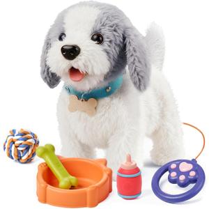 OR OR TU Walking Barking Toy Dog with Remote Control Leash, Plush Puppy Electronic Interactive Toys for Kids, Shake Tail,Pretend Dress Up Realistic Stuffed Animal Dog Age 3 4 5 6+ Years Old Best Gift (Grey+White)